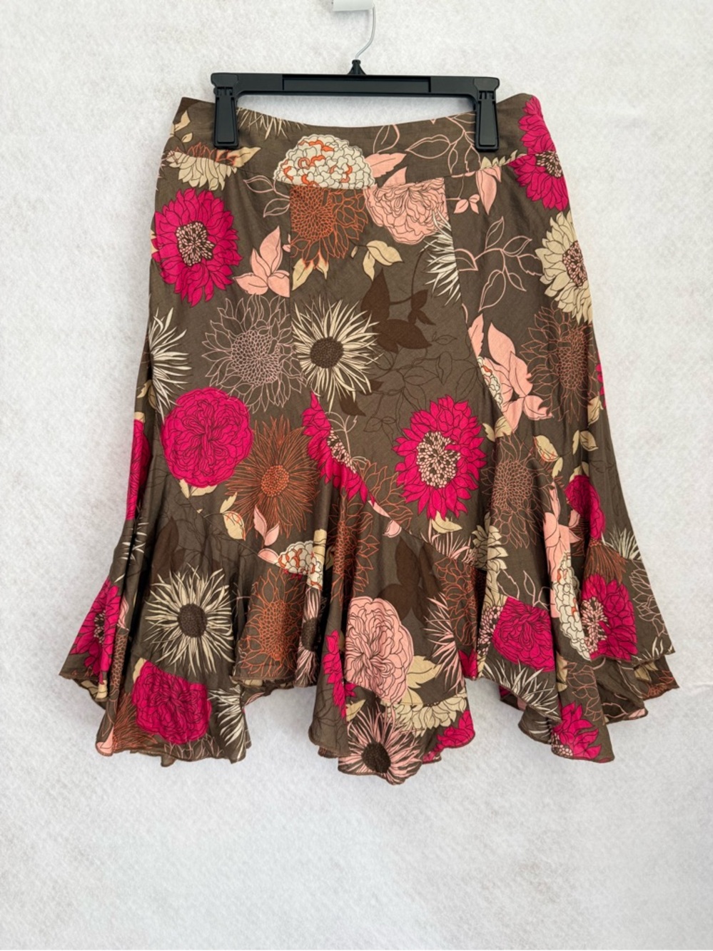a.n.a. floral print cotton fit‎ & flare handkerchief hem skirt sz 10 Brown Pink